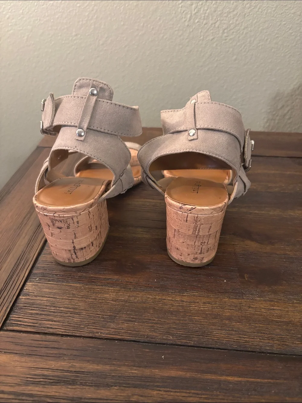 Indigo Rd. -Taupe Suede like Cork Block Heel Sandals